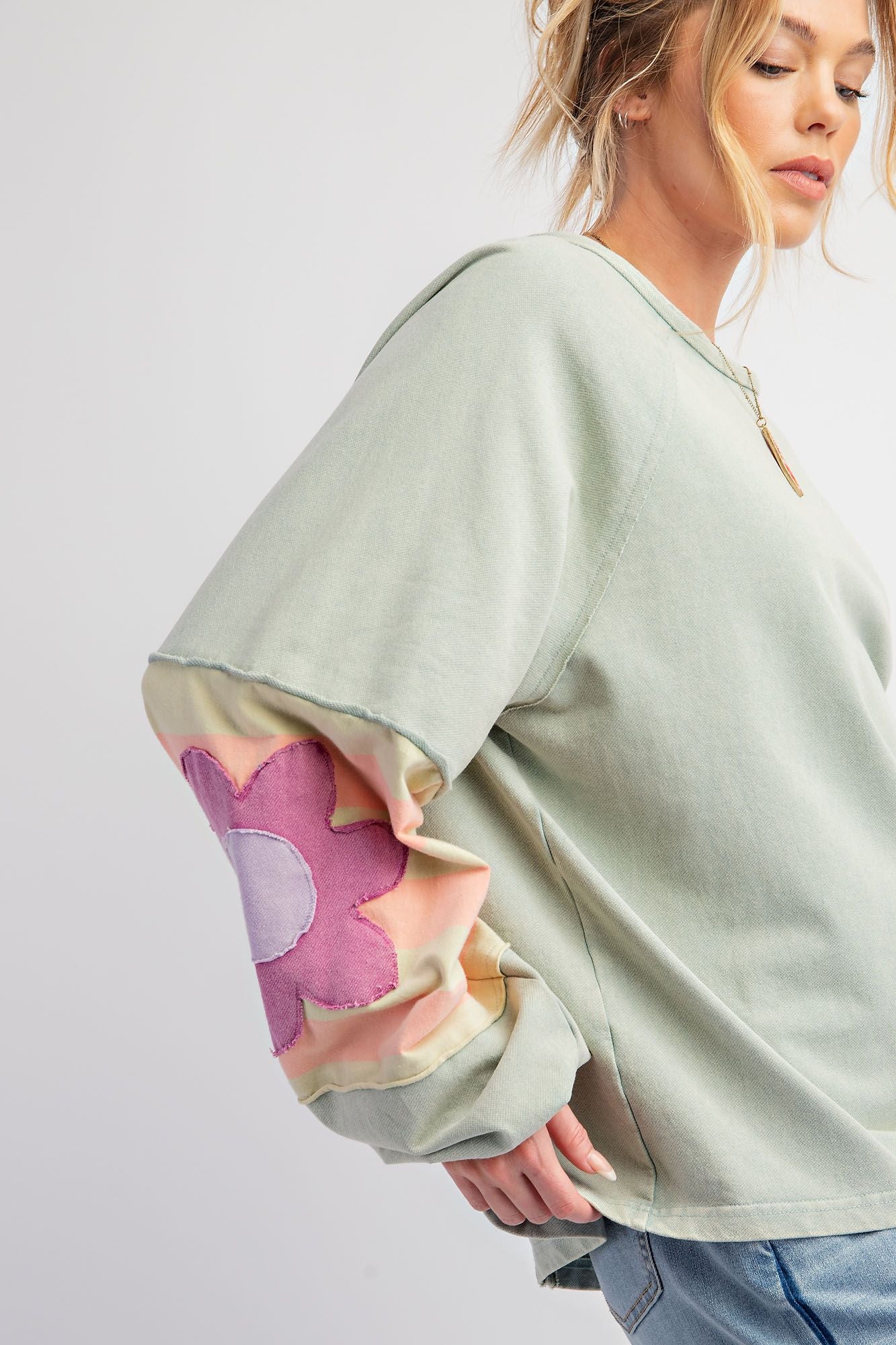 Easel Sage Green Flower Patch Long Sleeve Top