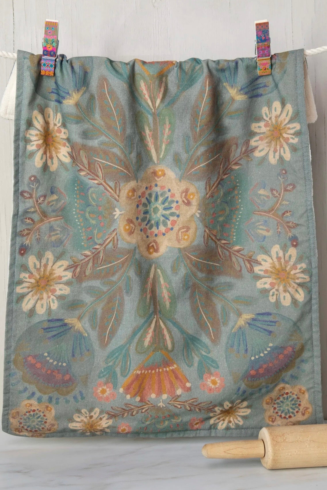 Natural Life Cotton Dish Towel- Dusty Blue Folk Flowers
