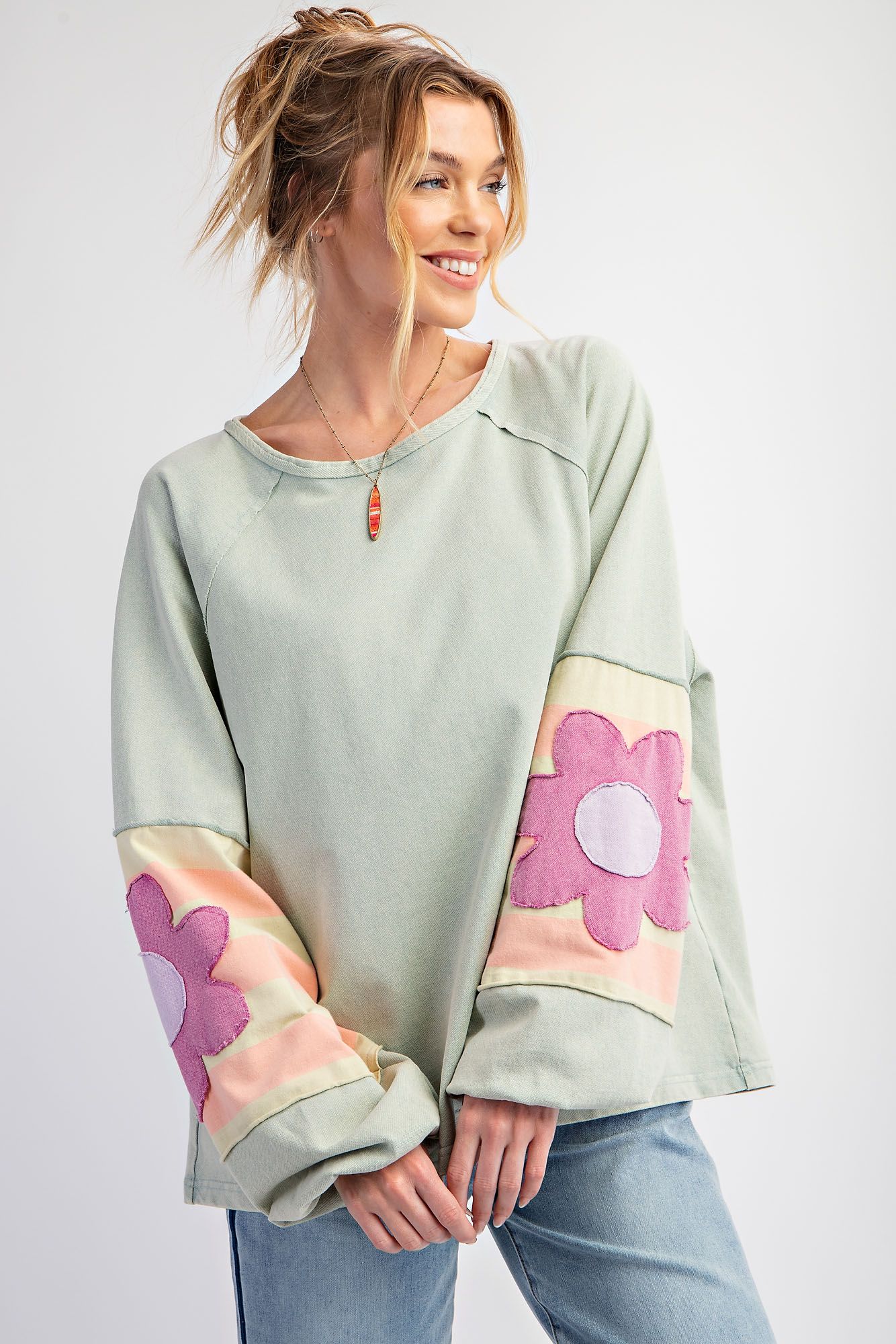 Easel Sage Green Flower Patch Long Sleeve Top
