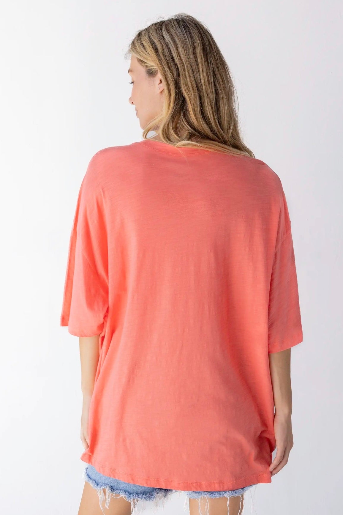 Natural Life Oversized Appliqué Tee Shirt- Coral with Blue Patchwork Peace Sign