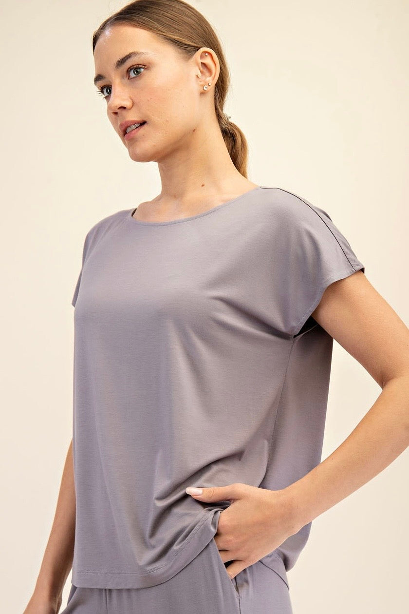 Taupe Viscose Modal Short Sleeve Boatneck Top