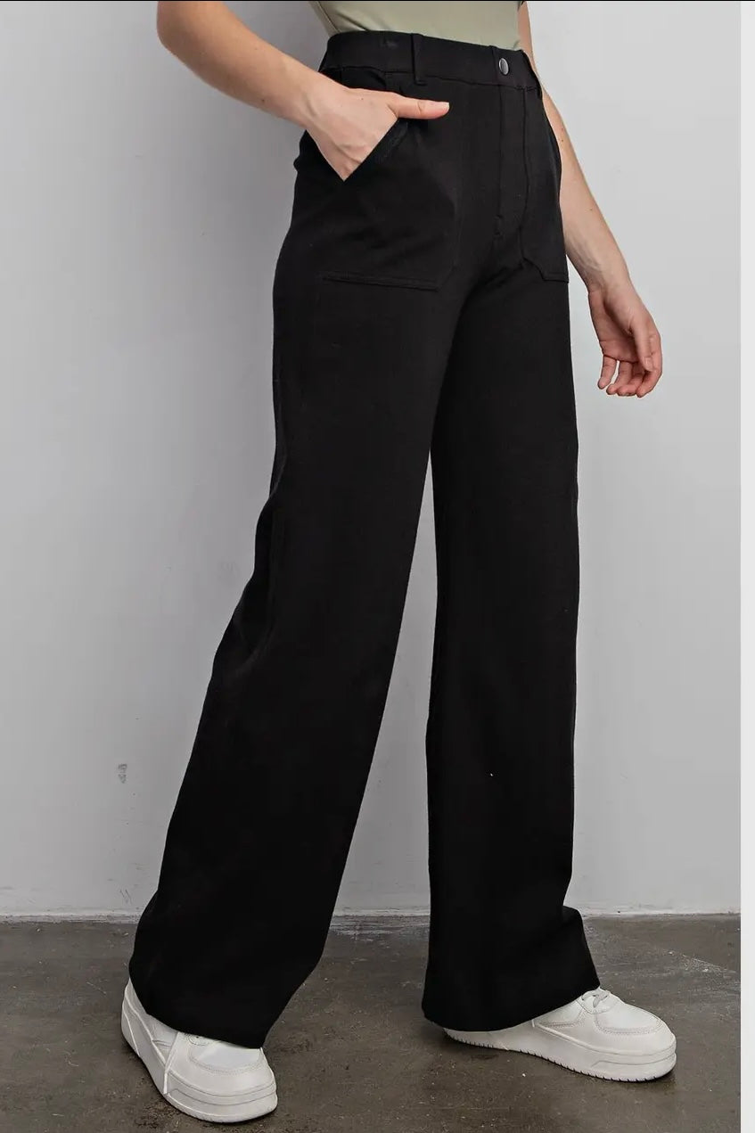 Black Cotton Stretch Twill Wide Leg Pants