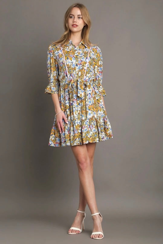 Umgee Blue Floral Belted Short Dress