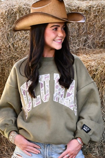 LULU MAC Sweatshirt- Green with Camo Embroidered Letters