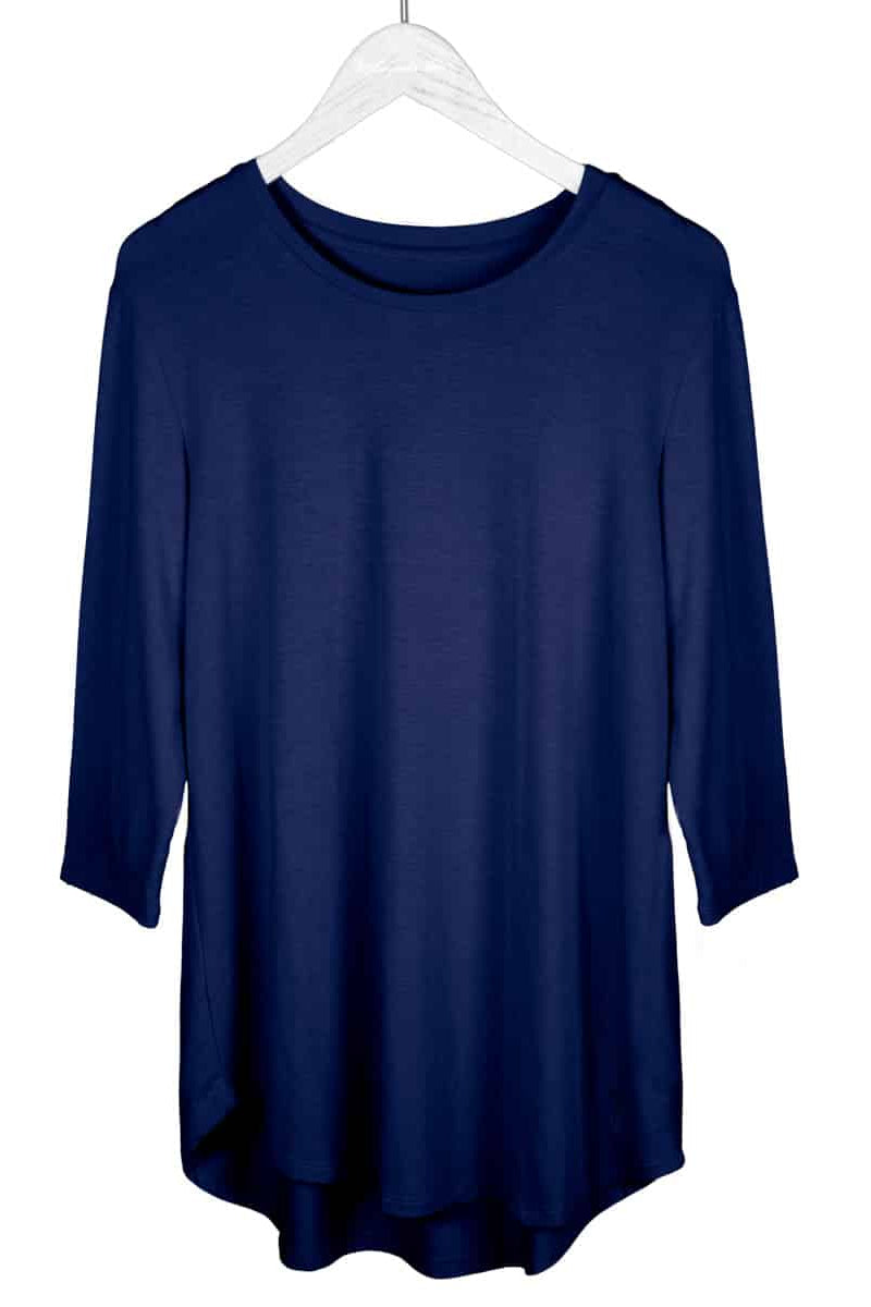 Navy blue shirt on a white hanger against a white background