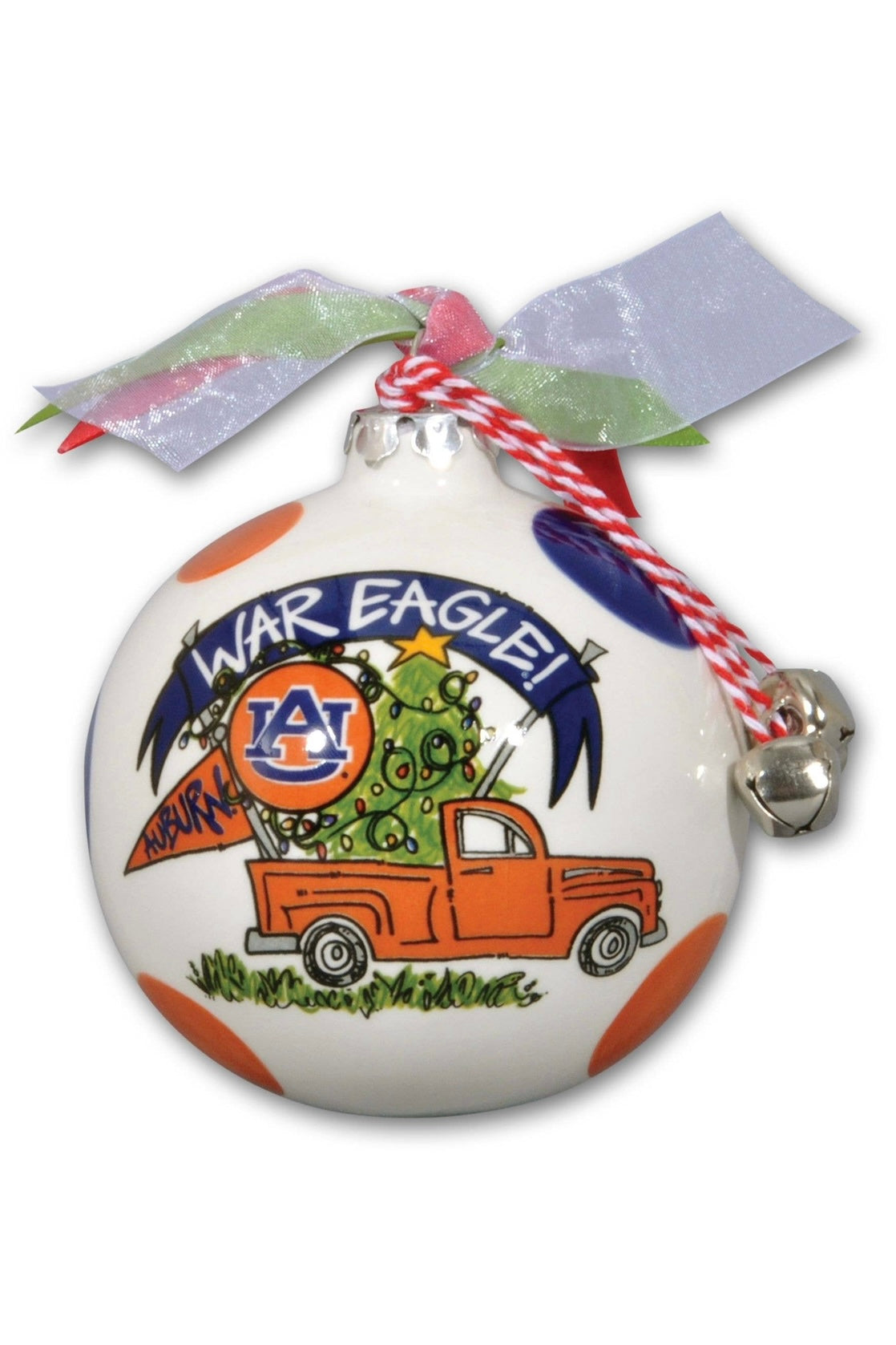 A round ceramic Auburn University truck ornament with a red and white ribbon, featuring an illustration of an orange truck with the War Eagle logo and Christmas decorations.
