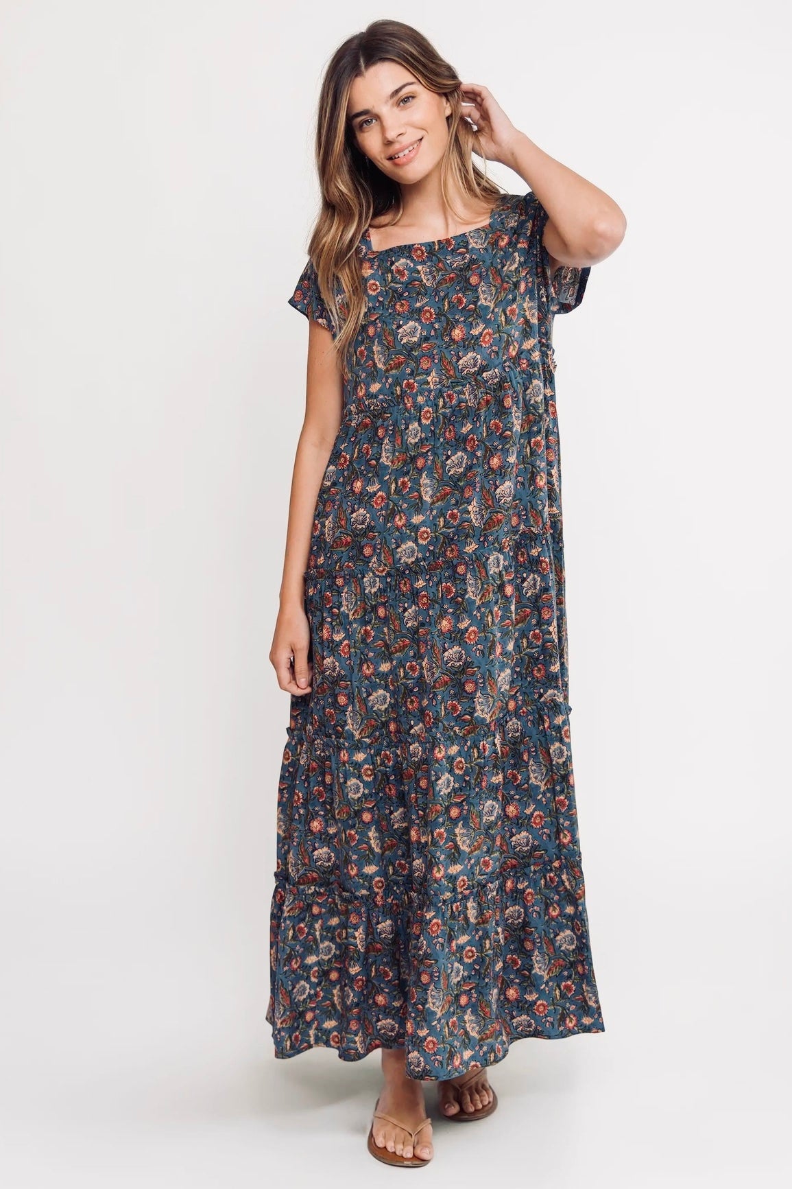 Natural Life Berkley Maxi Dress in Blue Tan Floral
