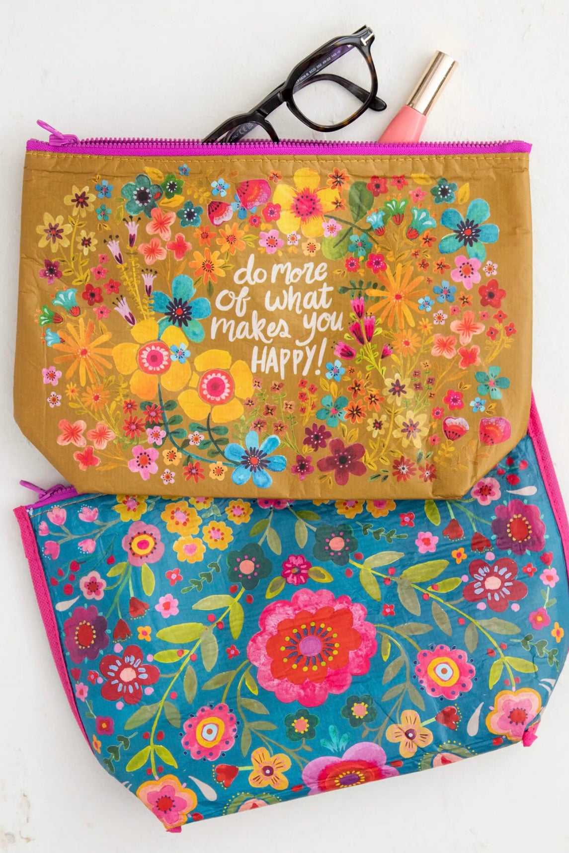 Natural Life Reversible Recycled Zippered Pouch- Do More of What Makes You Happy
