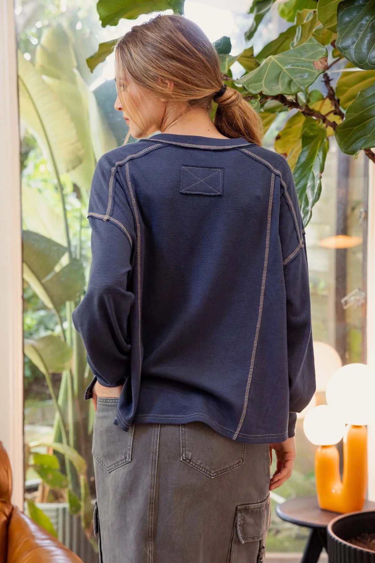 Denim Blue Long Sleeve Henley Top