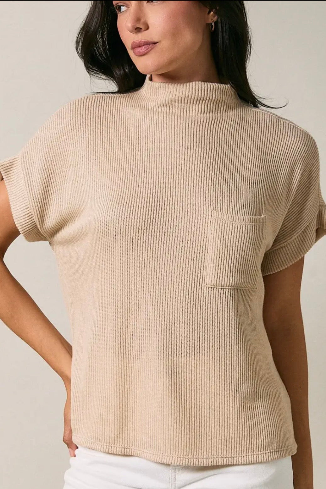 Gilli Mock Neck Short Sleeve Sweater- Taupe