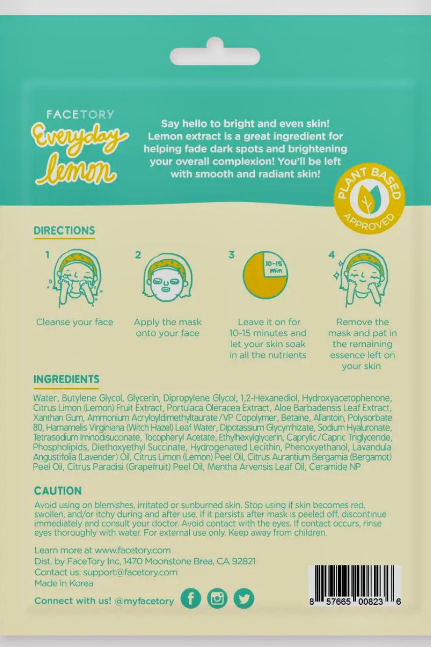 FaceTory Everyday Lemon Brightening Sheet Mask- Korean Beauty