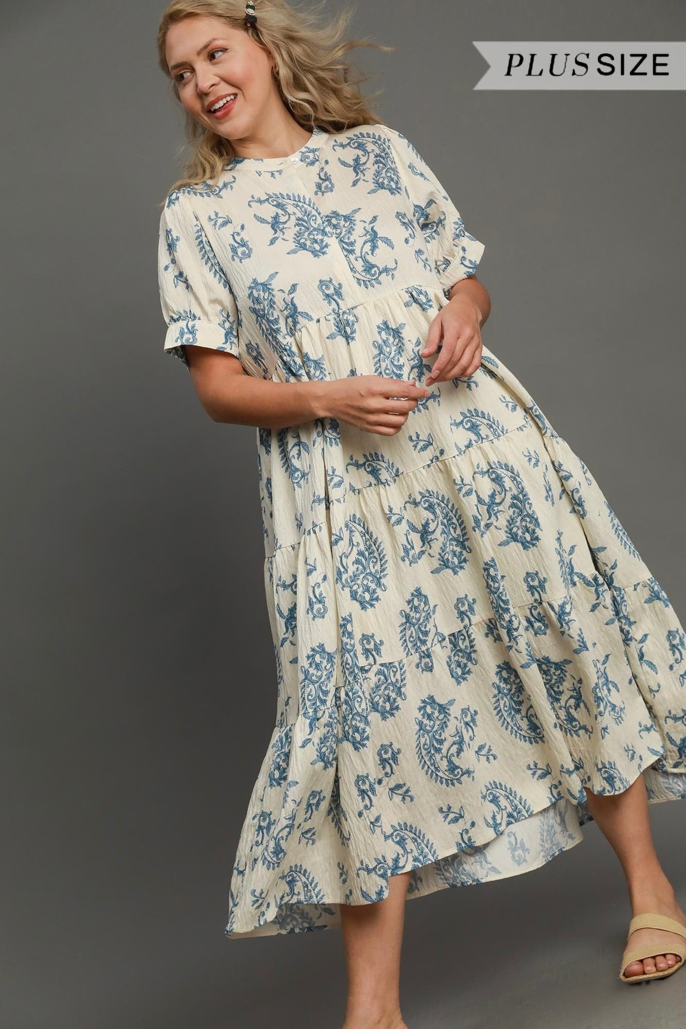 Umgee Cream Blue Paisley Print Tiered Midi Dress