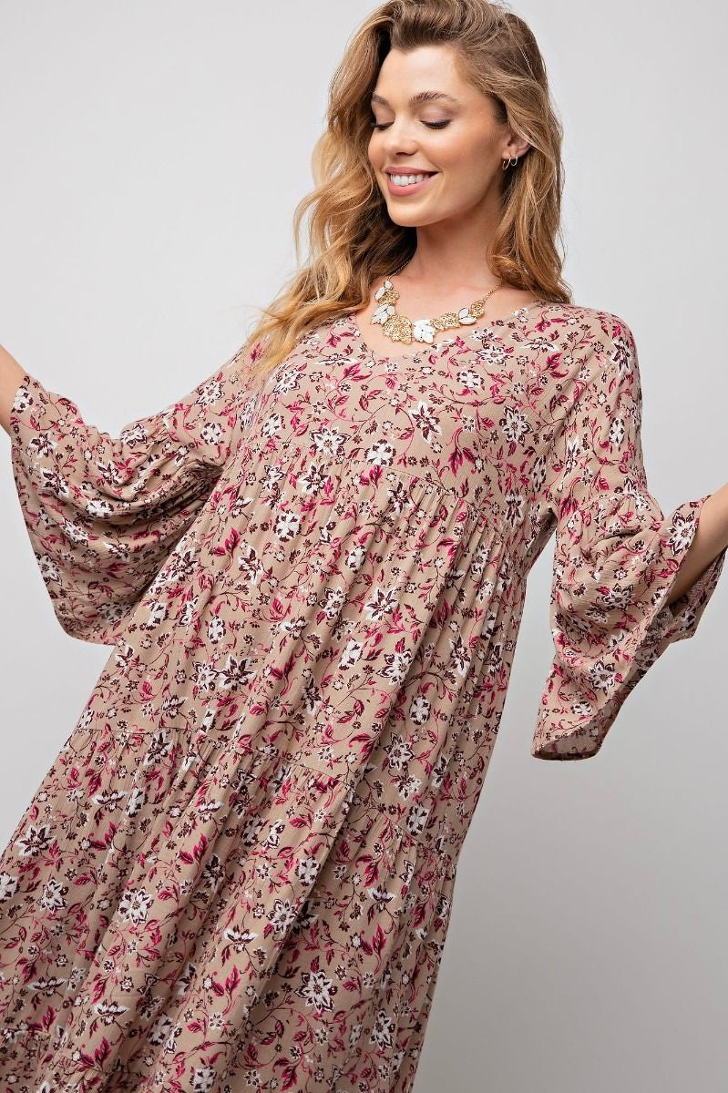 Easel Khaki Floral Tiered Dress with 3/4 Length Bell Sleeve