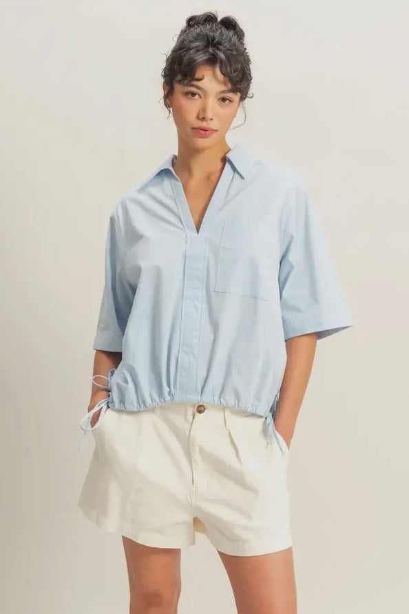 Crisp Cotton V Neck Top with Side Ties in Light Blue