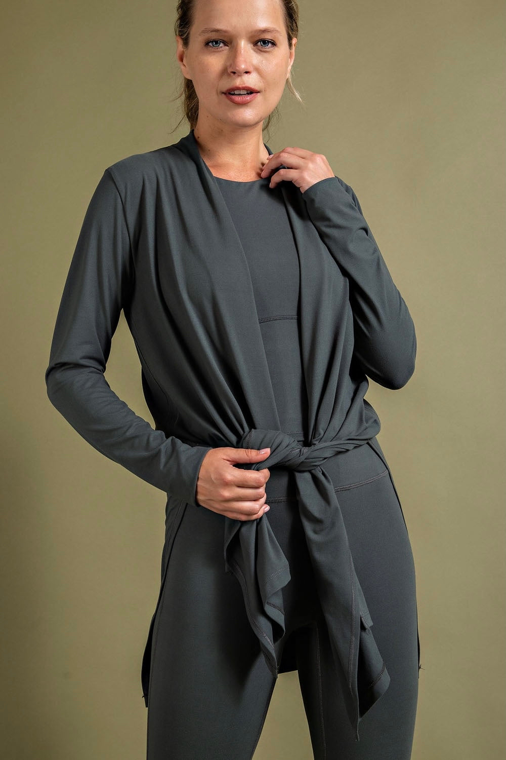 Smoked Spruce Plus Size Butter Soft Long Sleeve Cardigan with 4 Way Stretch and Side Slits
