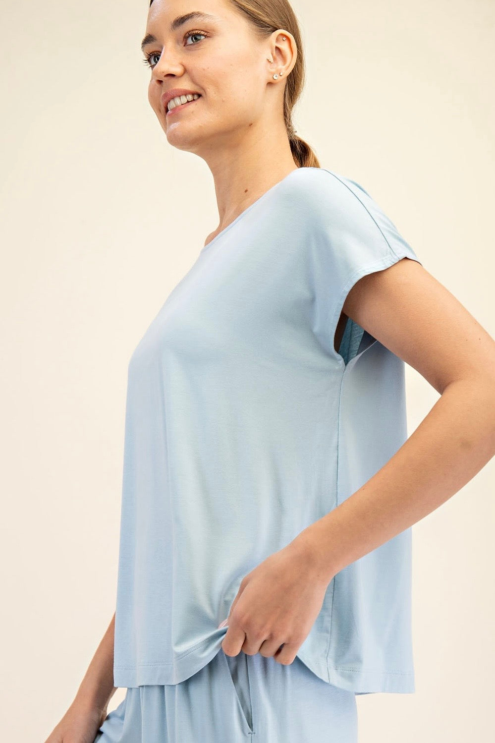 Light Blue Viscose Modal Short Sleeve Boatneck Top