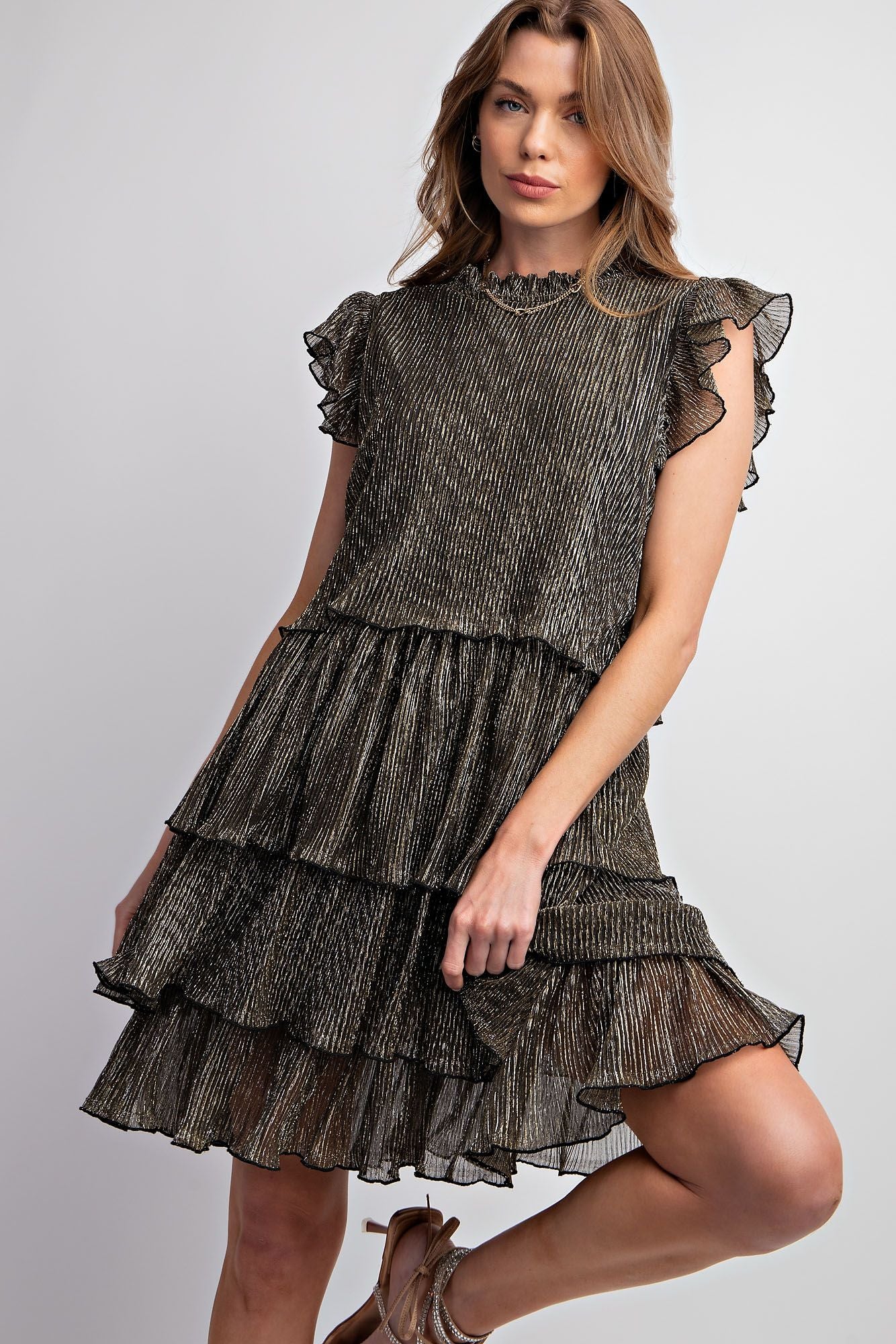 $23 SALE! Easel Metallic Black Sparkle Tiered Dress with Flutter Sleeve REG $46.99