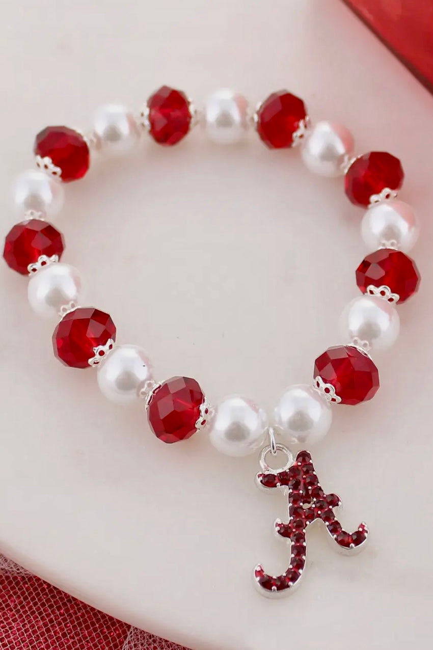 Alabama Pearl & Crystal Stretch Bracelet w/ Crystal Logo