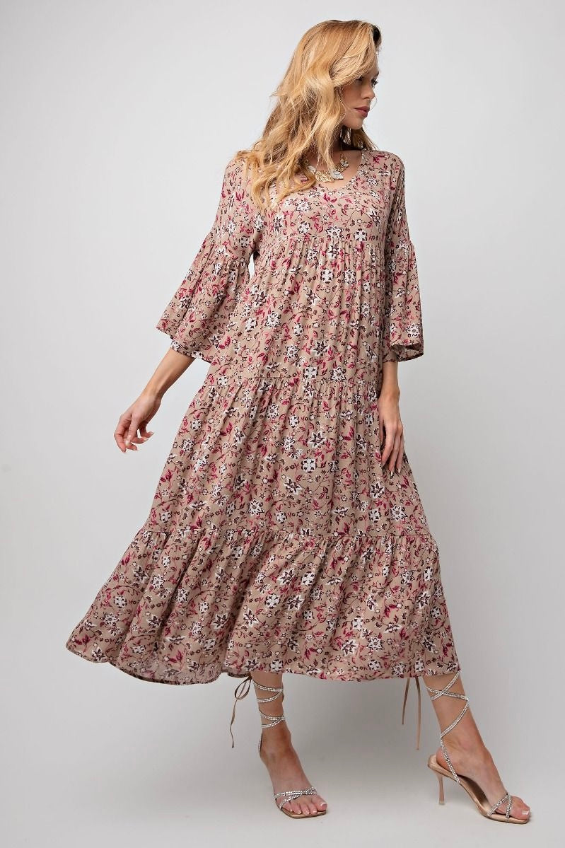 Easel Khaki Floral Tiered Dress with 3/4 Length Bell Sleeve