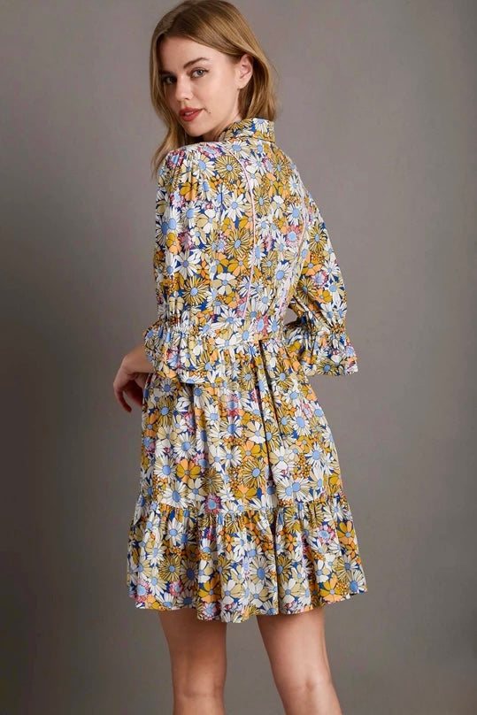 Umgee Blue Floral Belted Short Dress