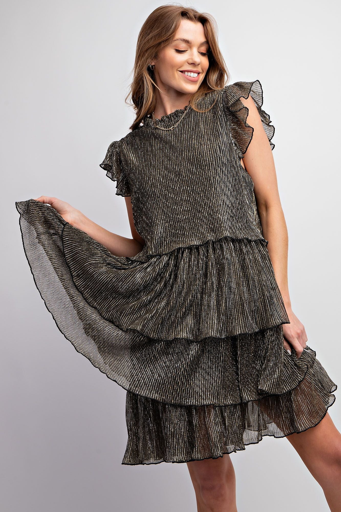 $23 SALE! Easel Metallic Black Sparkle Tiered Dress with Flutter Sleeve REG $46.99