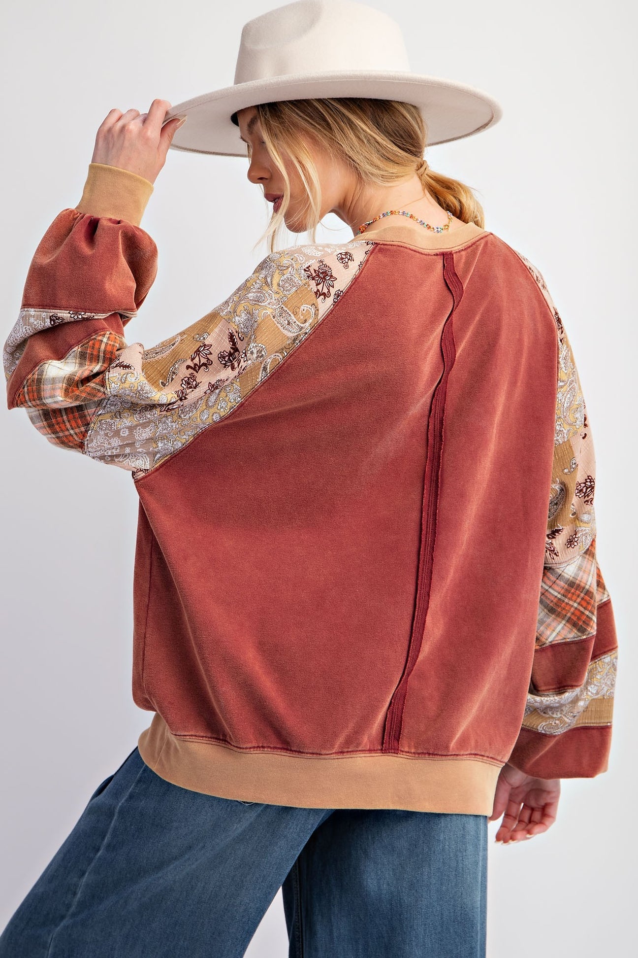 Easel Cherrywood Velour Mixed Print Long Sleeve Top