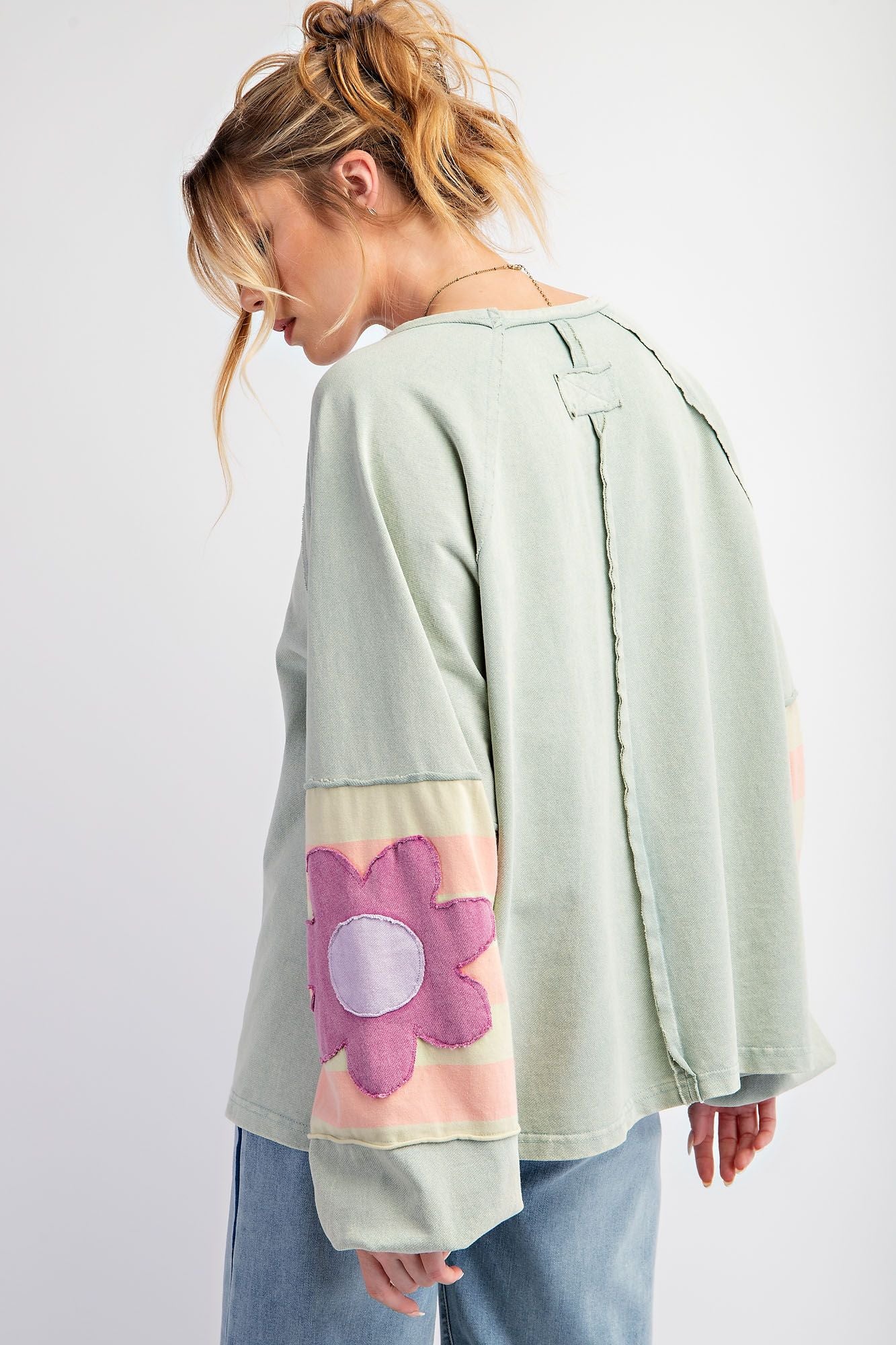 Easel Sage Green Flower Patch Long Sleeve Top