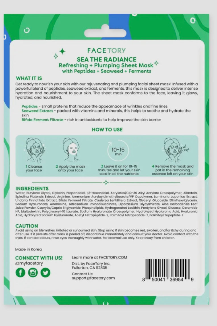 FaceTory Sea The Radiance Plumping Sheet Mask- Peptides and Seaweed- Korean Beauty