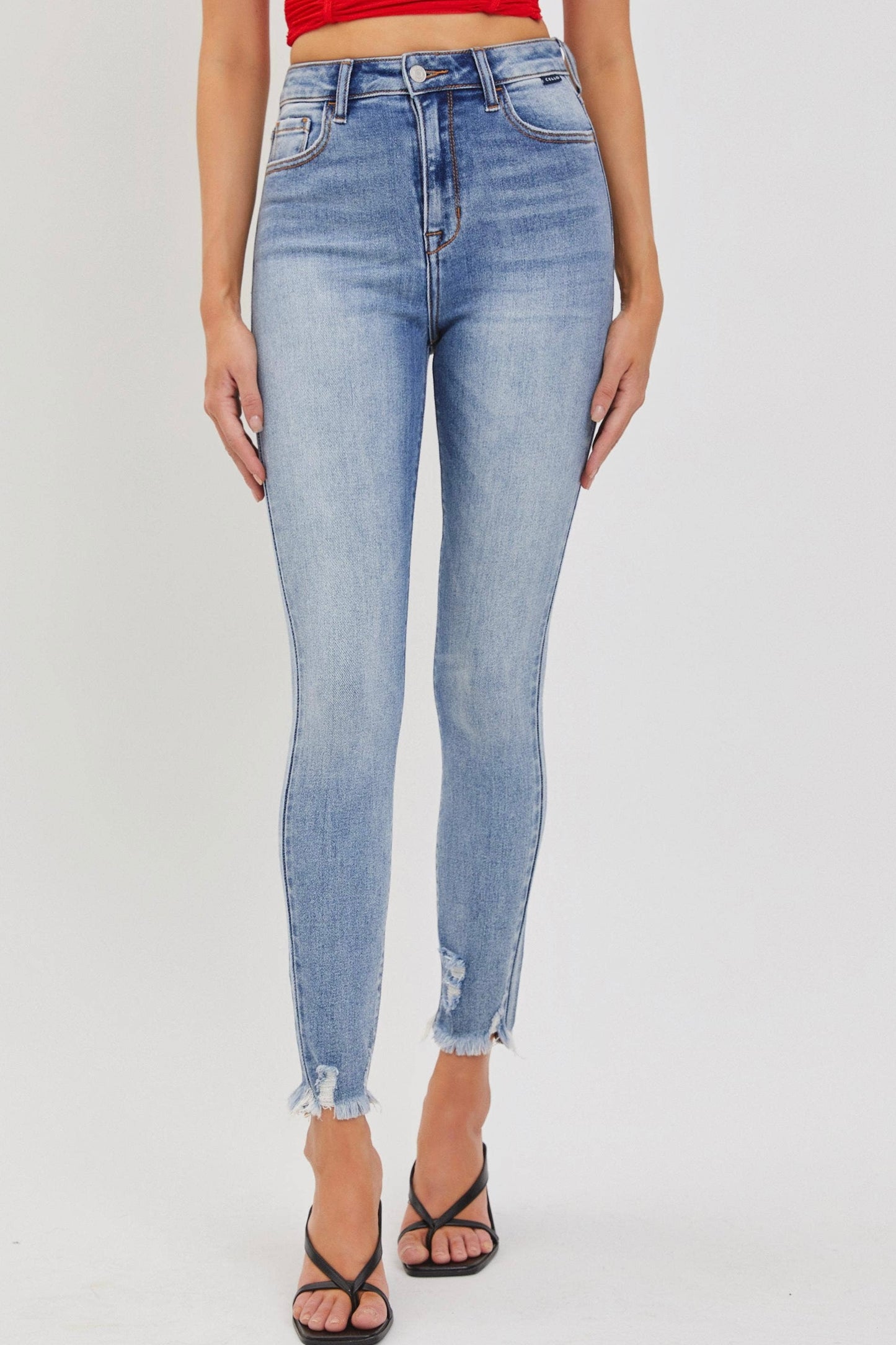 Cello High Rise Distressed Ankle Skinny Jeans in Medium Denim