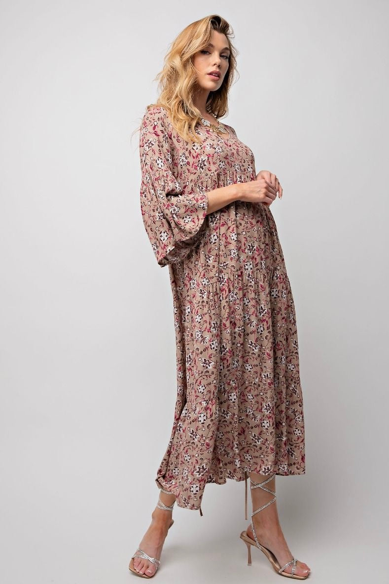 Easel Khaki Floral Tiered Dress with 3/4 Length Bell Sleeve