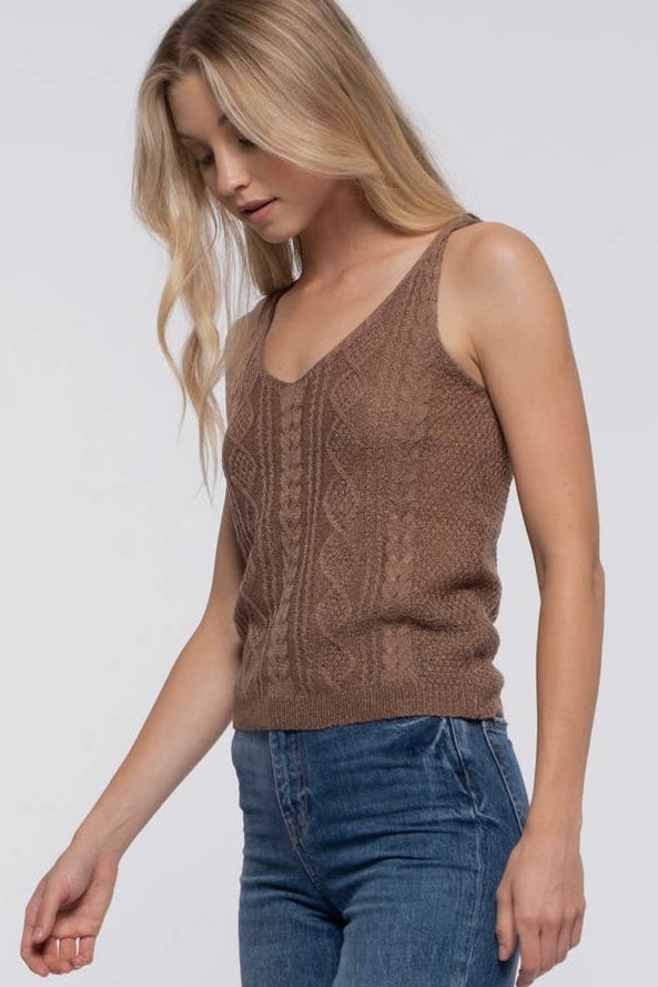 Cocoa Brown Cable Knit Sleeveless Top