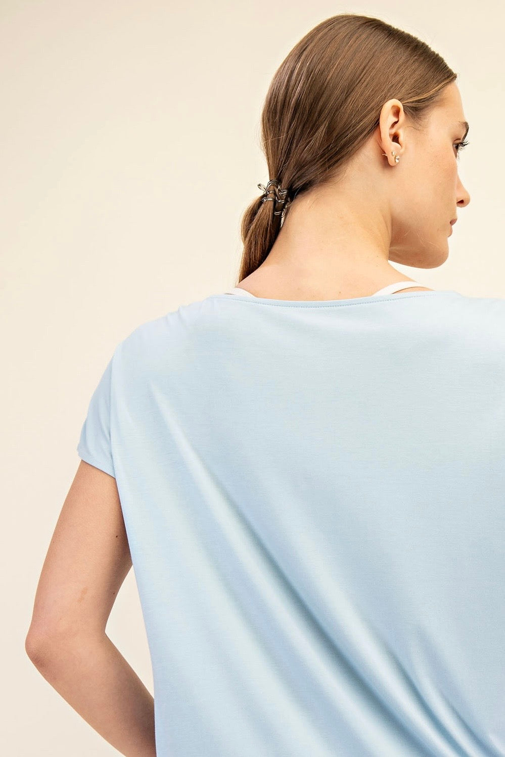 Light Blue Viscose Modal Short Sleeve Boatneck Top