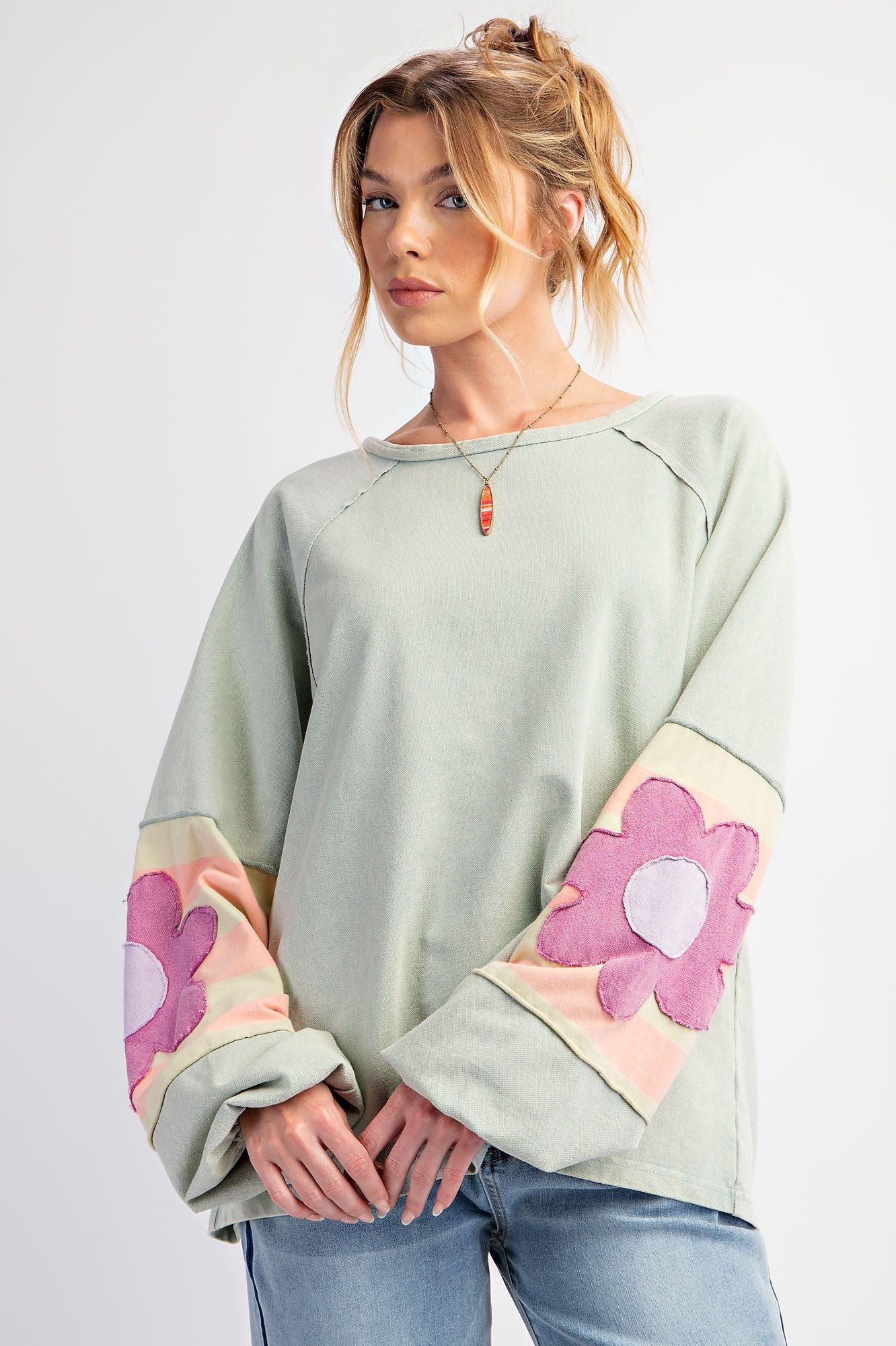 Easel Sage Green Flower Patch Long Sleeve Top