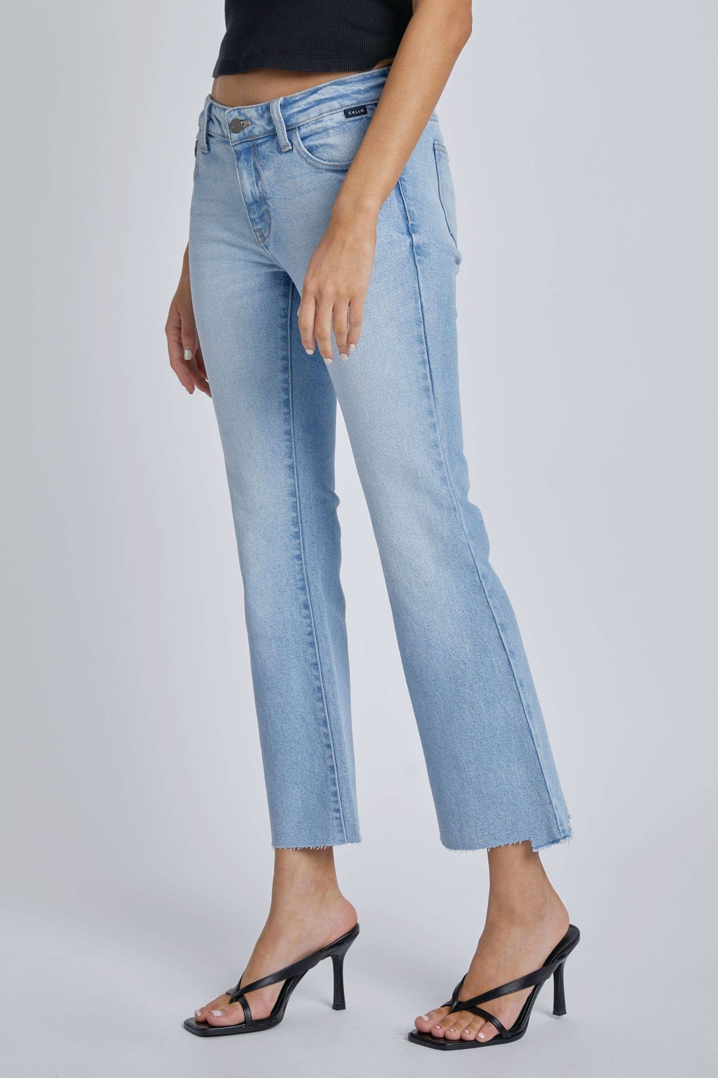 Cello Mid Rise Crop Flare Jeans in Light Wash Denim