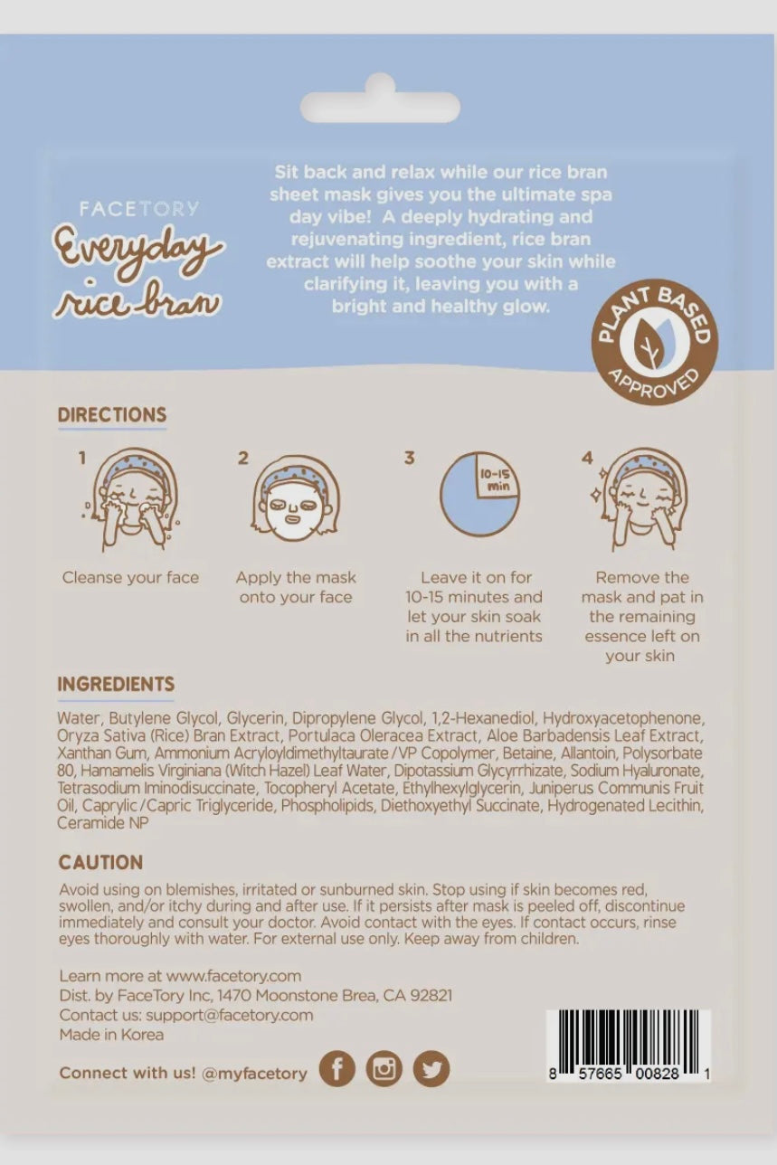 FaceTory Everyday Rice Bran Soothing Sheet Mask- Korean Beauty