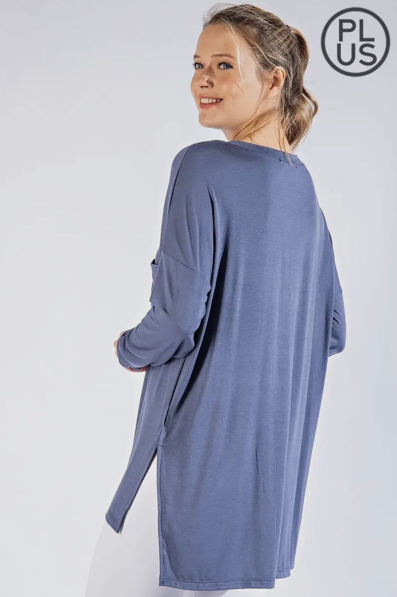 SALE! $15 Vintage Denim Plus Long Sleeve V Neck Top with Hi Low Hem