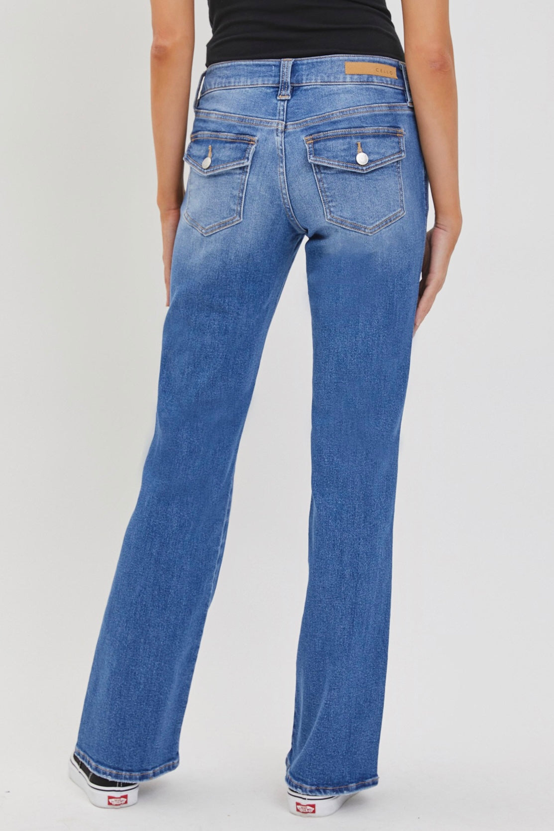 Cello Low Rise Bootcut Jeans with Button Flap Back Pockets