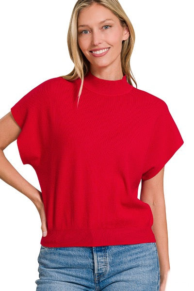 Ruby Red Mock Neck Short Dolman Sleeve Lightweight Sweater Top