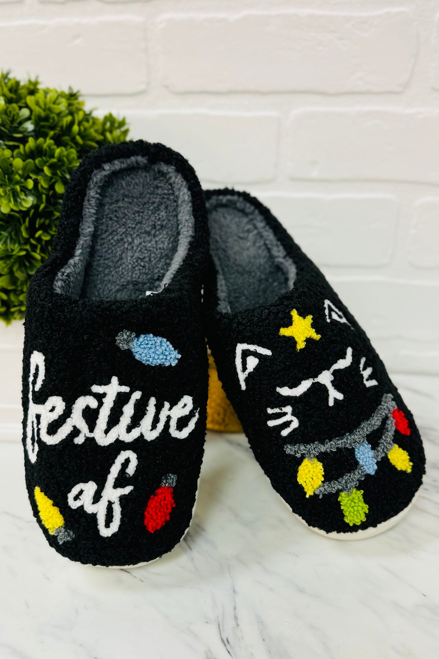 Festive AF Cat in the Lights Super Fuzzy Slipper Slides by Two Left Feet