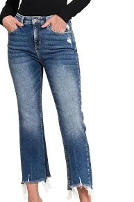 High Rise Super Stretch Kick Flare Distressed Jean in Dark Denim