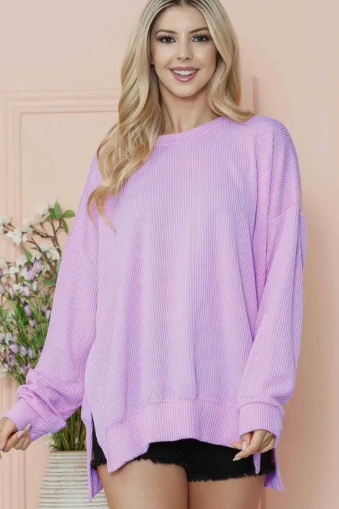 Lilac Wave Rib Oversized Stretchy Top with Side Slit