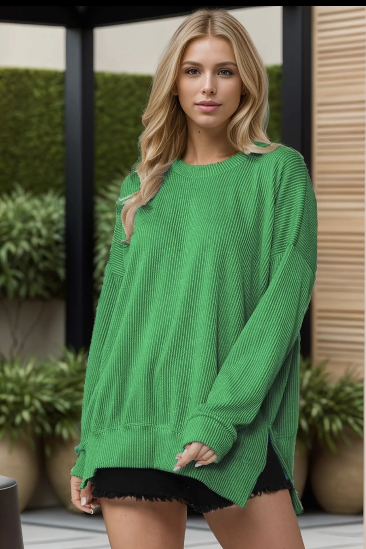 Kelly Green Wave Rib Oversized Stretchy Top with Side Slit