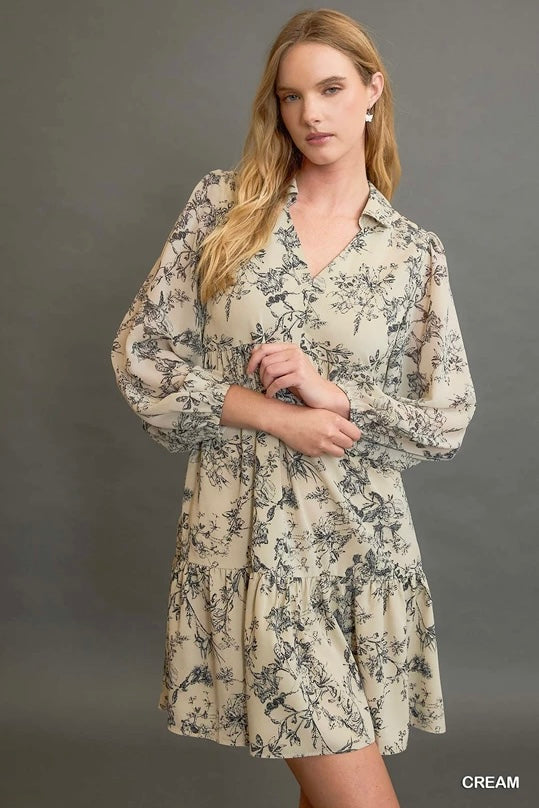 Cream Floral Long Sleeve Mini Dress