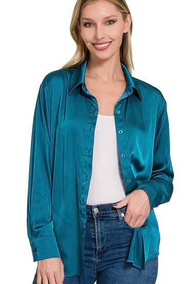 Zenana Teal Satin Button Down Blouse