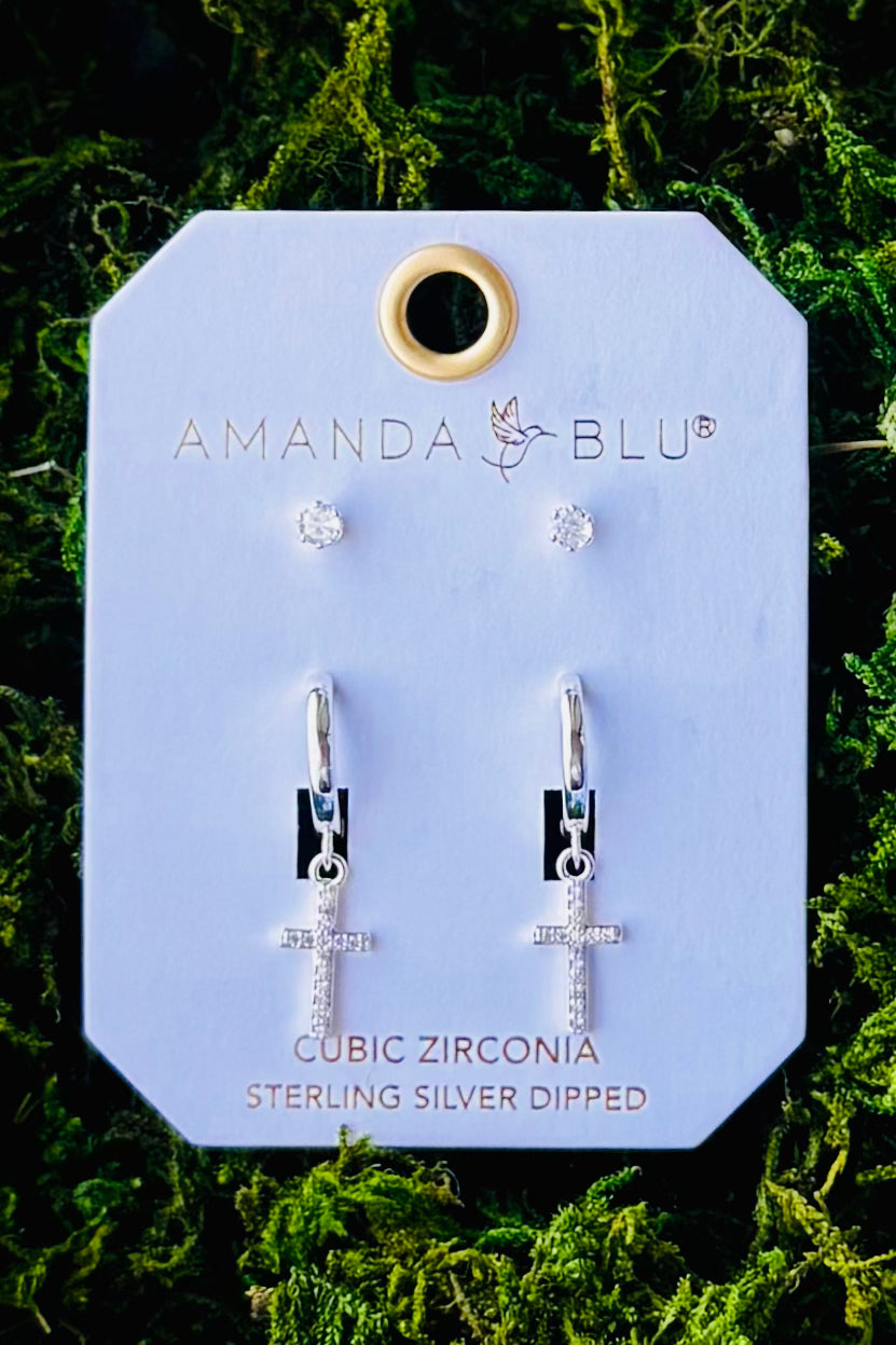Amanda Blu Silver CZ Dangling Cross and Stud Earring Duo