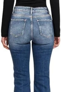 High Rise Super Stretch Kick Flare Distressed Jean in Dark Denim