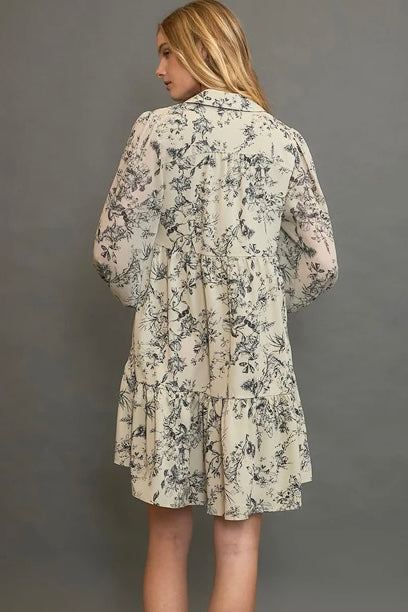Cream Floral Long Sleeve Mini Dress