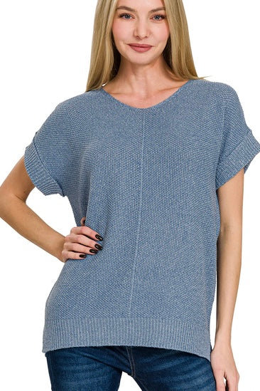 Dusty Blue Short Cuffed Sleeve Lightweight Sweater Top