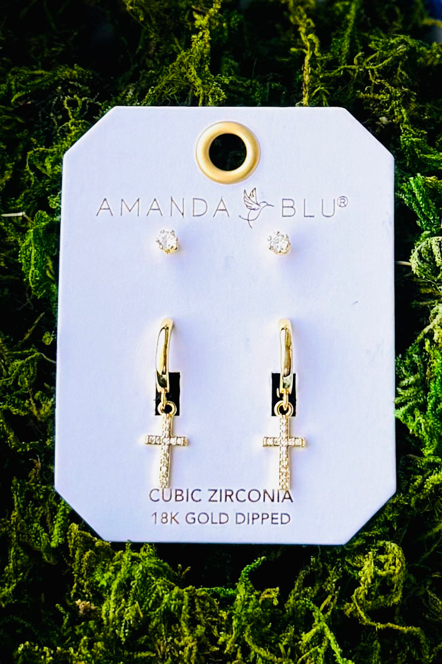 Amanda Blu Gold CZ Dangling Cross and Stud Earring Duo