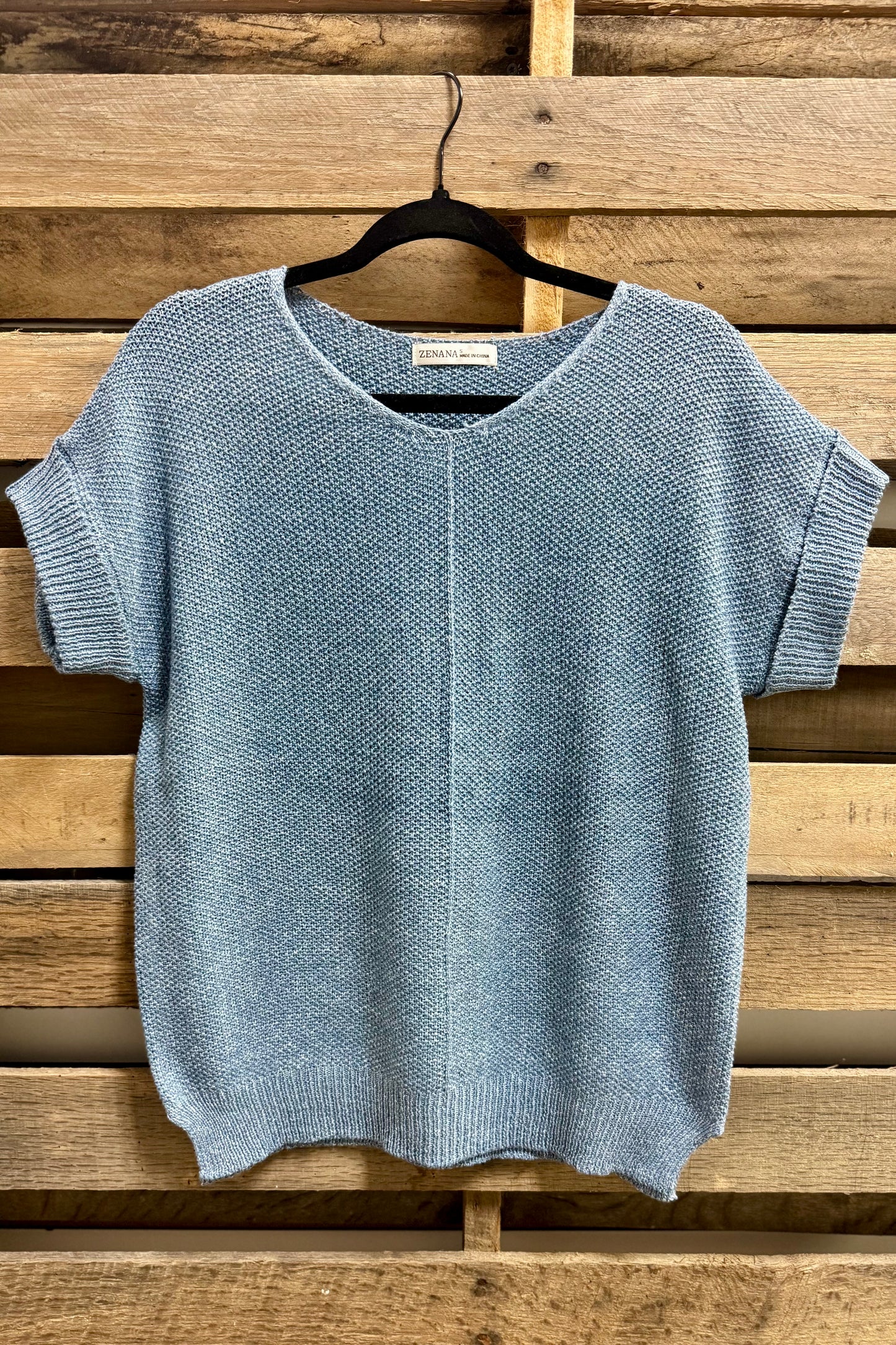 Dusty Blue Short Cuffed Sleeve Lightweight Sweater Top